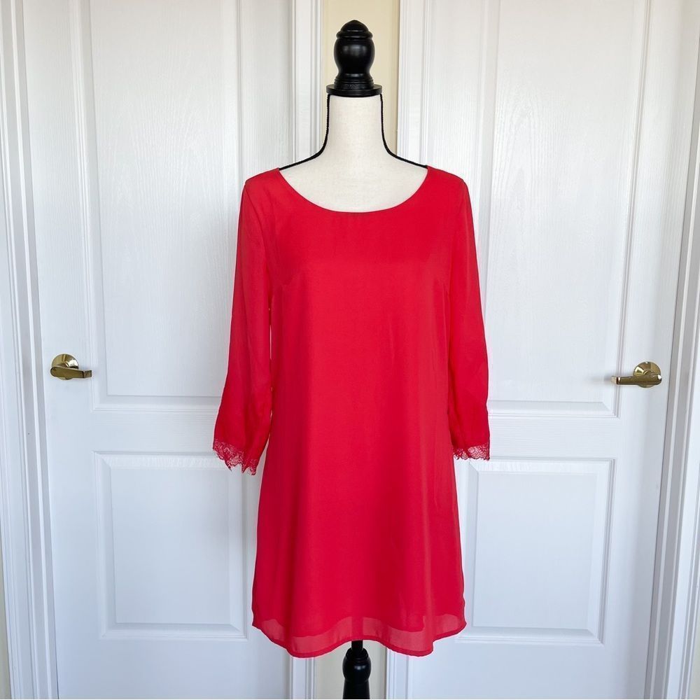 Skies Are‎ Blue Small Red Orange Tunic Long Sleeve Dress with Lacy Lower Sleeve